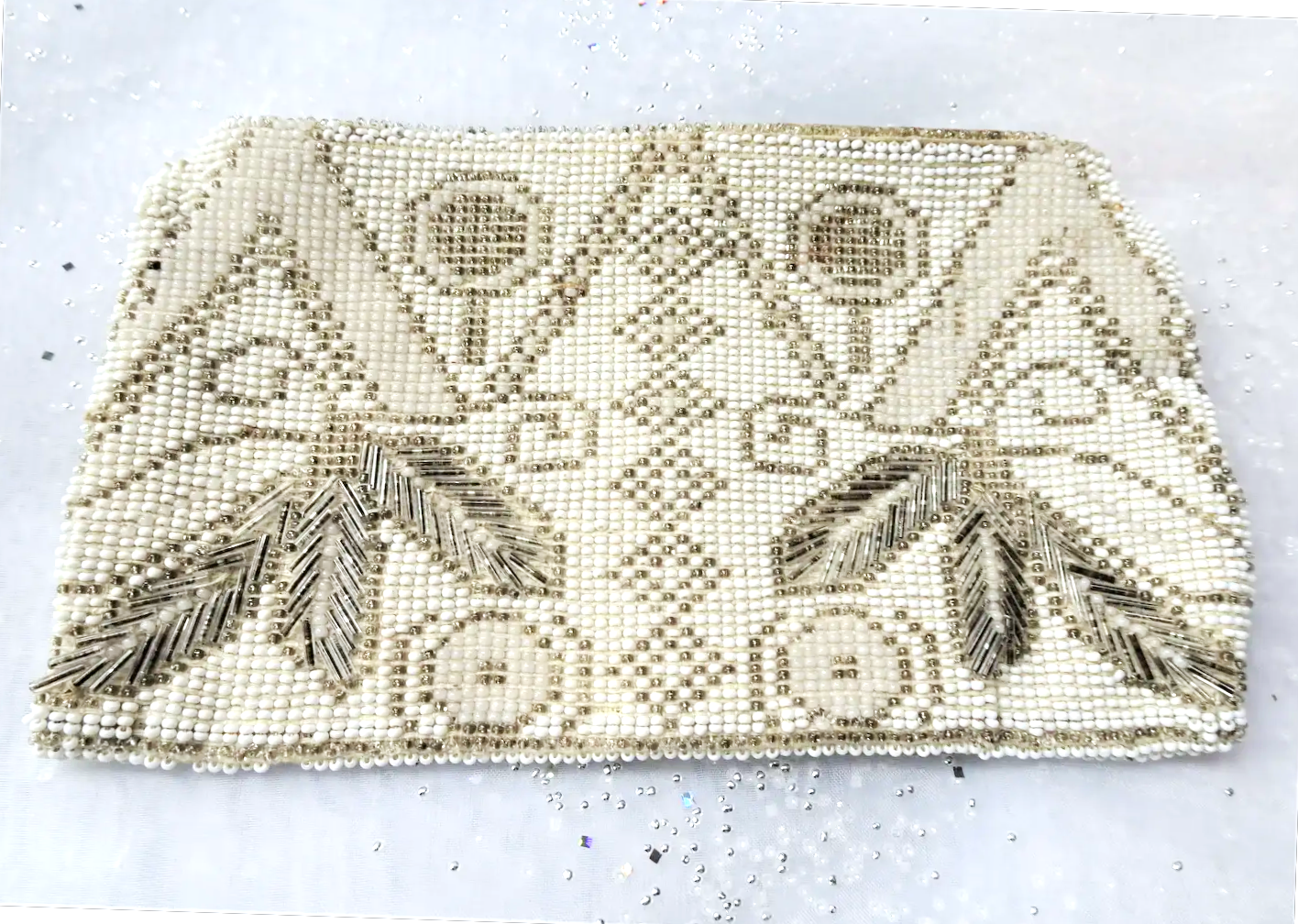 1920s FABULOUS Art Deco French Beaded Purse Evening Bag,Taupe Off White Glass Micro Beads,Flapper Era Collectible Antique Purses, Bridal