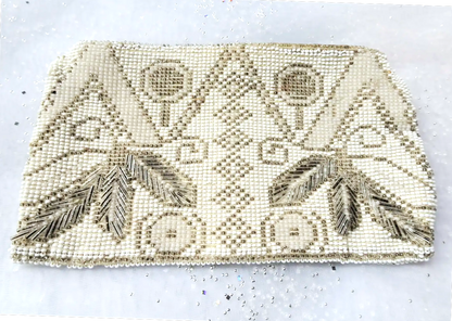 1920s FABULOUS Art Deco French Beaded Purse Evening Bag,Taupe Off White Glass Micro Beads,Flapper Era Collectible Antique Purses, Bridal
