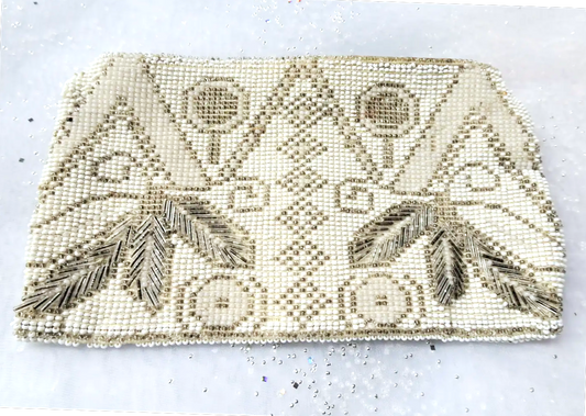 1920s FABULOUS Art Deco French Beaded Purse Evening Bag,Taupe Off White Glass Micro Beads,Flapper Era Collectible Antique Purses, Bridal