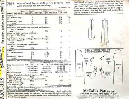 1960s EASY TO SEW Shift Dress Pattern McCALLs 7087 Two Lengths Slim Dress With Iron On Transfer Size Small Bust 30-31 Vintage Sewing Pattern FF