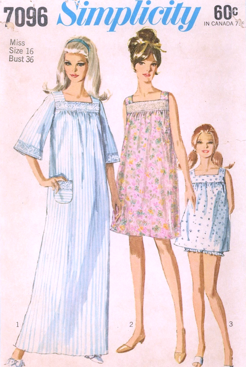 1960s PRETTY Lingerie Pattern SIMPLICITY 7096 Nightgown,Square Neckline, 3 Lengths, Babydoll Nightie, Bust 36 Vintage Sewing Pattern FF