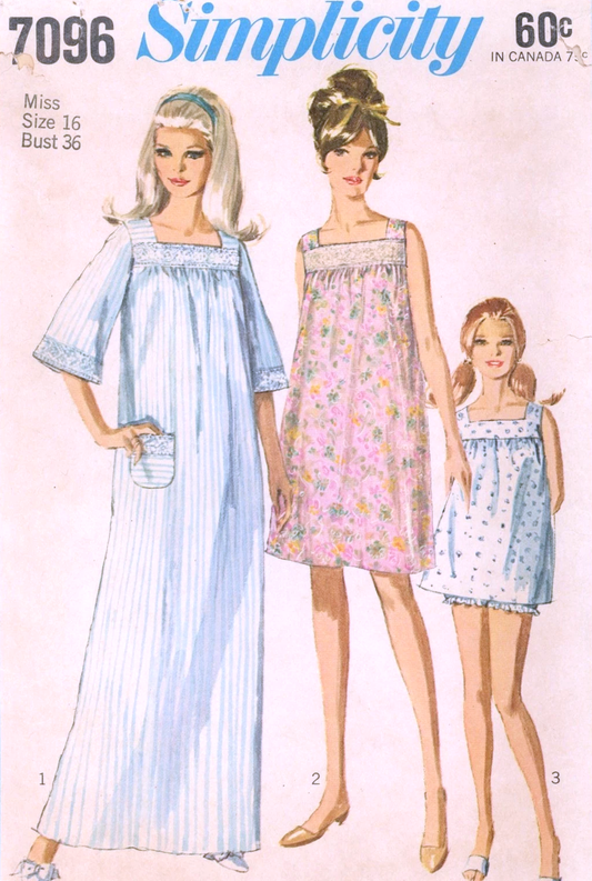 1960s PRETTY Lingerie Pattern SIMPLICITY 7096 Nightgown,Square Neckline, 3 Lengths, Babydoll Nightie, Bust 36 Vintage Sewing Pattern FF