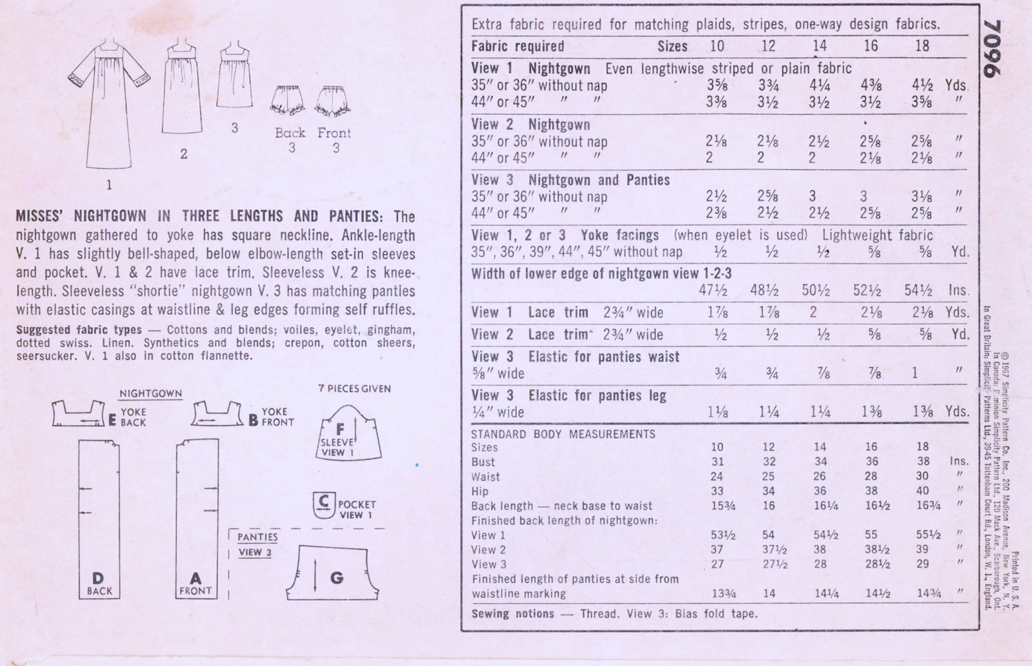 1960s PRETTY Lingerie Pattern SIMPLICITY 7096 Nightgown,Square Neckline, 3 Lengths, Babydoll Nightie, Bust 36 Vintage Sewing Pattern FF