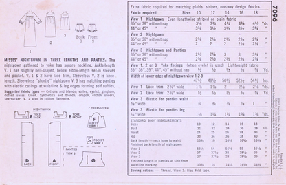 1960s PRETTY Lingerie Pattern SIMPLICITY 7096 Nightgown,Square Neckline, 3 Lengths, Babydoll Nightie, Bust 36 Vintage Sewing Pattern FF