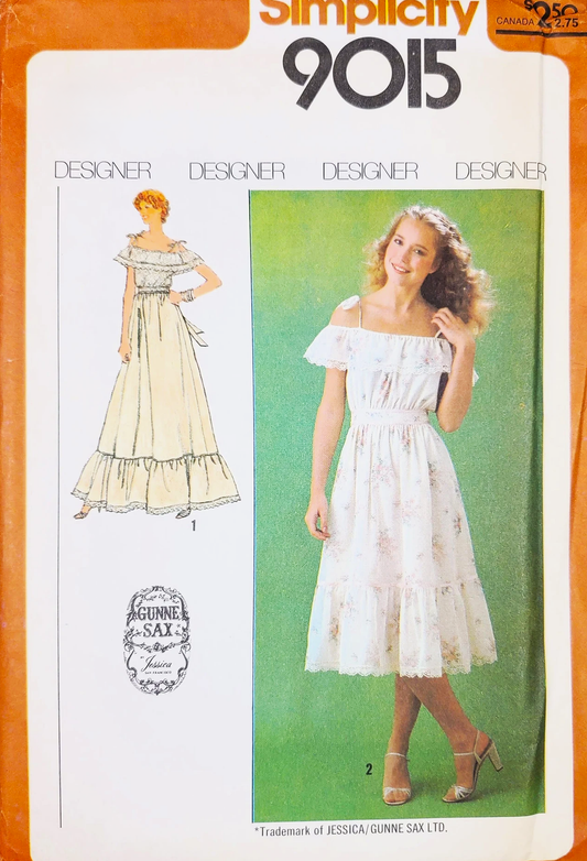 1970s ROMANTIC Gunne Sax Dress Pattern SIMPLICITY 9015 Ruffled Off-the-Shoulder Dress, 2 Lengths Midi or Maxi , Bust 36 Vintage Sewing Pattern