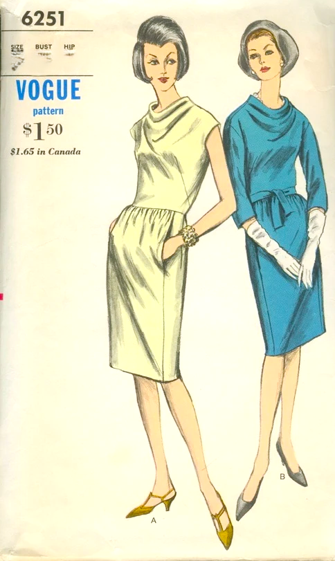 1960s CLASSY cowl Neckline Dress Pattern VOGUE 6251 Easy Elegance, Bust 36 Vintage Sewing Pattern FF