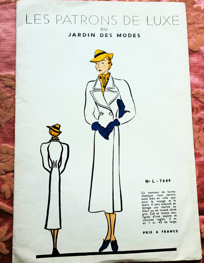 RARE 1930s ART DECO SCHIAPARELLI Style French Coat Pattern Les Patrons De Luxe DU JARDIN DES MODES Beautiful Coat Design Vintage Sewing Pattern