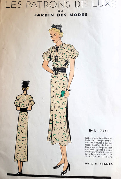 RARE 1930s SCHIAPARELLI Style French Dress Pattern Les Patrons De Luxe Du JARDIN DES MODES Bust 36 Vintage Sewing Pattern