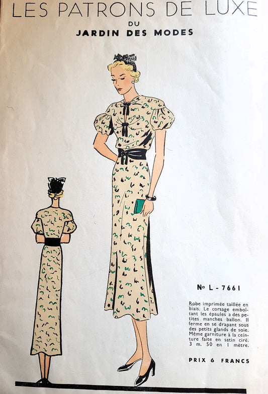 RARE 1930s SCHIAPARELLI Style French Dress Pattern Les Patrons De Luxe Du JARDIN DES MODES Bust 36 Vintage Sewing Pattern