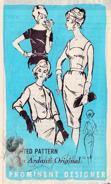 1960s Mad Men Figure Flattering Cocktail Evening Dress and Jacket, Overblouse Pattern  Unique Shaped Neckline, Low V Back Ardanti Original Vintage Sewing Pattern Prominent Designer M274 Bust 34 UNCUT FACTORY FOLDED Perfect Little Black Dress