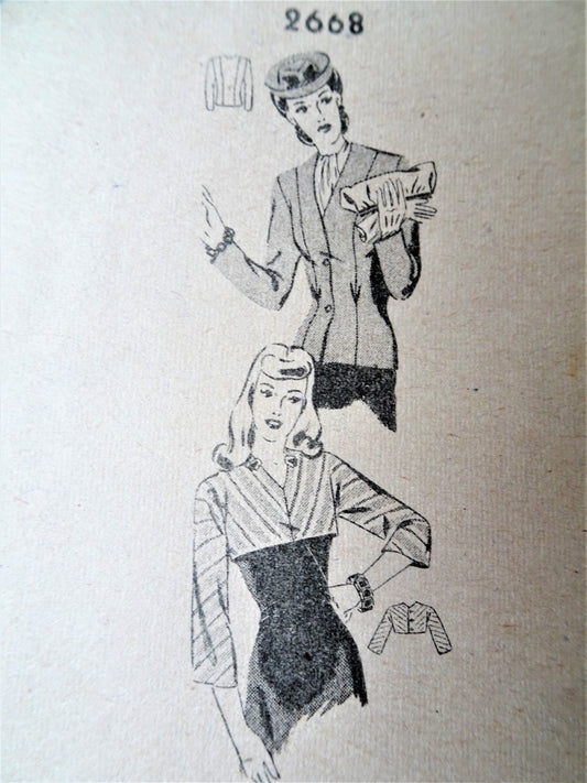 1940s FABULOUS Jackets Pattern Mail Order 2668 Fitted Blazer and Short Button Back Bolero Jacket Bust34 Vintage Sewing Pattern