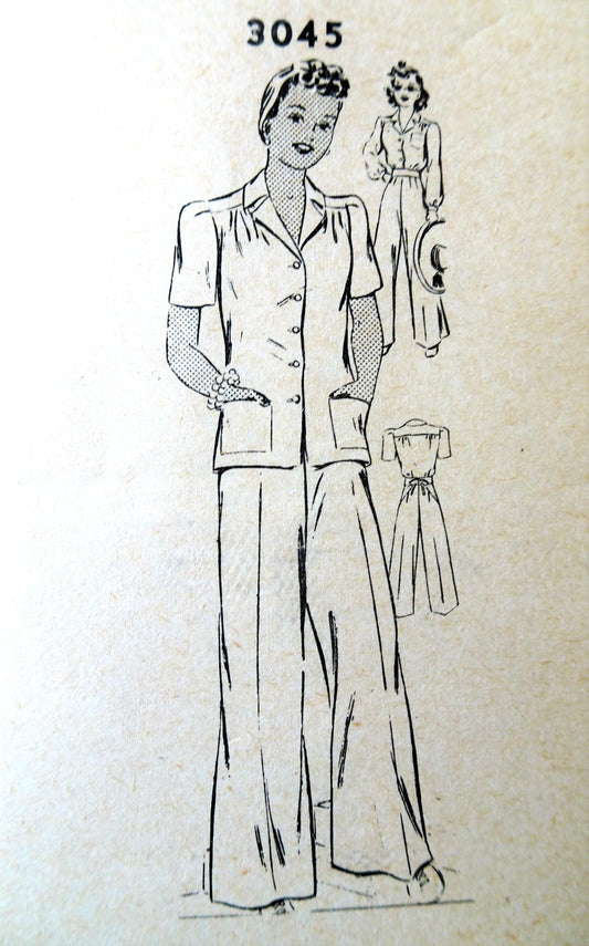 1940s WWII Era Blouse and Pants Pattern MAIL ORDER 3045 High Waist Slacks Loose or Tuck In Blouse Bust 32 Vintage Sewing Pattern FF