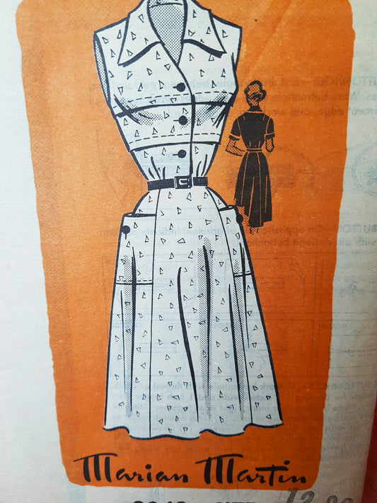 1950s PRETTY Dress With Pockets Pattern MARIAN MARTIN 9049 Pin Tuck Bodice Dress, 3 Sleeve Styles, Bust 30 Vintage Sewing Pattern FACTORY FOLDED