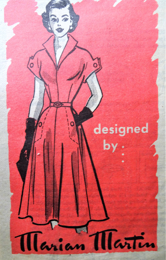 1950s PERKY Dress Pattern MARIAN MARTIN 9206 Fabulous Wing Collar Dress, Interesting Design Details, Bust 34 Vintage Sewing Pattern