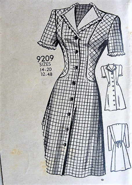 1940s CUTE Front Button Dress Pattern MARIAN MARTIN 9209 Swing Era  WW II Dress Bust 32 Vintage Sewing Pattern