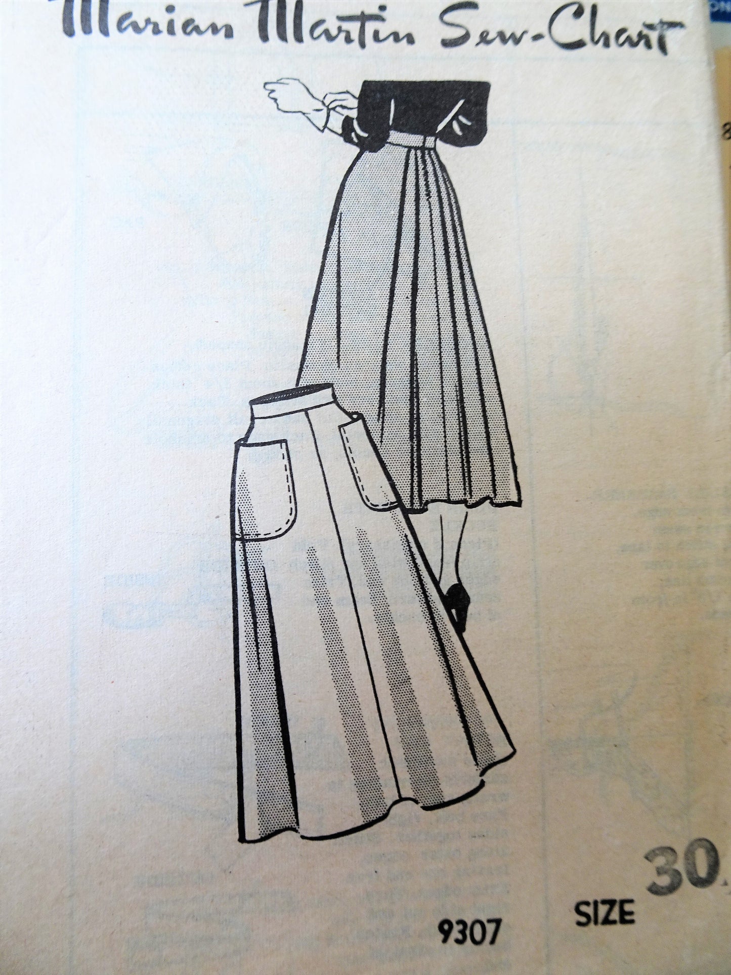 1940s BEAUTIFUL Skirt Pattern MARIAN MARTIN 9307 Flowing Pleated Back Waist 30 Vintage Sewing Pattern FACTORY FOLDED