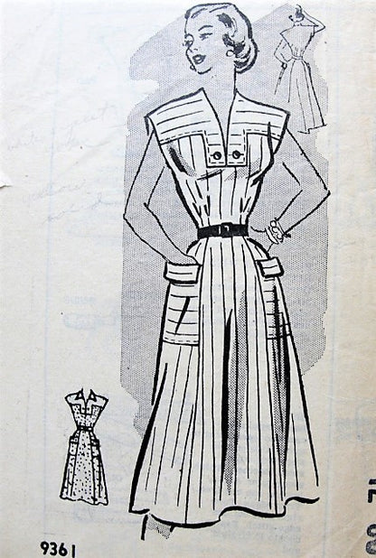1950s BREEZY Dress Pattern Marian Martin 9361 V Neckline Flared Dress,Pockets, Bust 30 Vintage Sewing Pattern