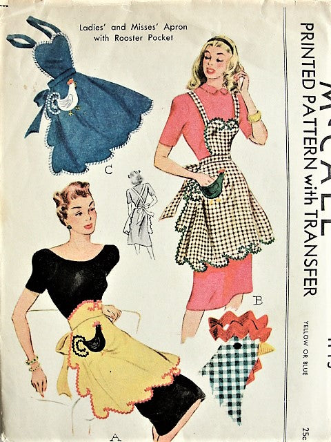 1940s SWEET Apron Pattern McCALL 1143  Cute Rooster Pocket Transfer  Half or Full Heart Shape Bib Apron, One Size Vintage Sewing Pattern FF
