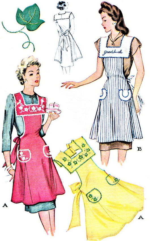 1940s CHARMING Full Bib Apron Pattern McCALL 1169  WW II Era Square Neckline Aprons With Applique Transfer Bust 32-34 Vintage Sewing Pattern