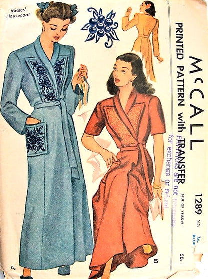 1940s BEAUTIFUL House Coat Robe Lounging Robe Pattern McCALL 1289 Side Wrap Coat Includes Embroidery Transfer Bust 34 Vintage Lingerie Sewing Pattern