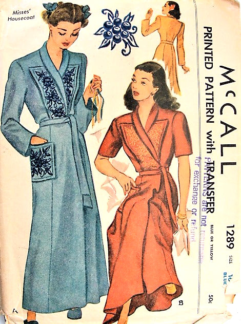1940s BEAUTIFUL House Coat Robe Lounging Robe Pattern McCALL 1289 Side Wrap Coat Includes Embroidery Transfer Bust 34 Vintage Lingerie Sewing Pattern