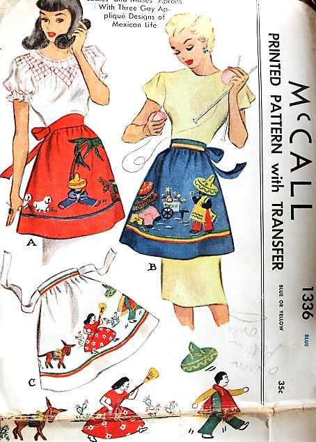 Late 40s CUTE Half Aprons and Transfers Pattern McCALL 1336 Pretty Appliques for Mexican Scenes, One Size Vintage sewing Patterns