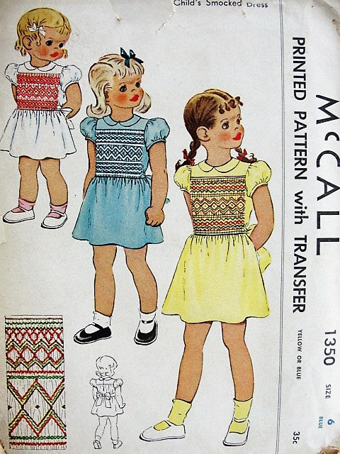 1940s Vintage SWEET Childs Smocked Dress McCall 1350 Chest 24 Sewing Pattern