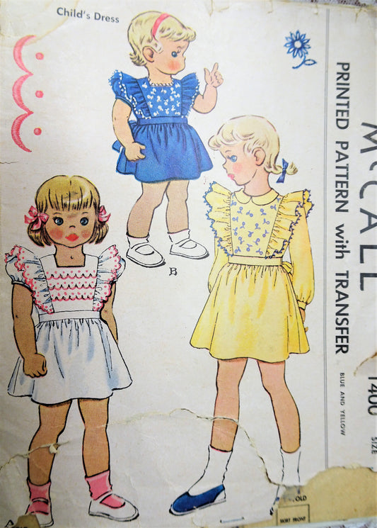 1940s DARLING Little Girls Dress Pattern McCALL 1400 Toddlers Pinafore Style Dress in 3 Versions Size 2 Childrens Vintage Sewing Pattern