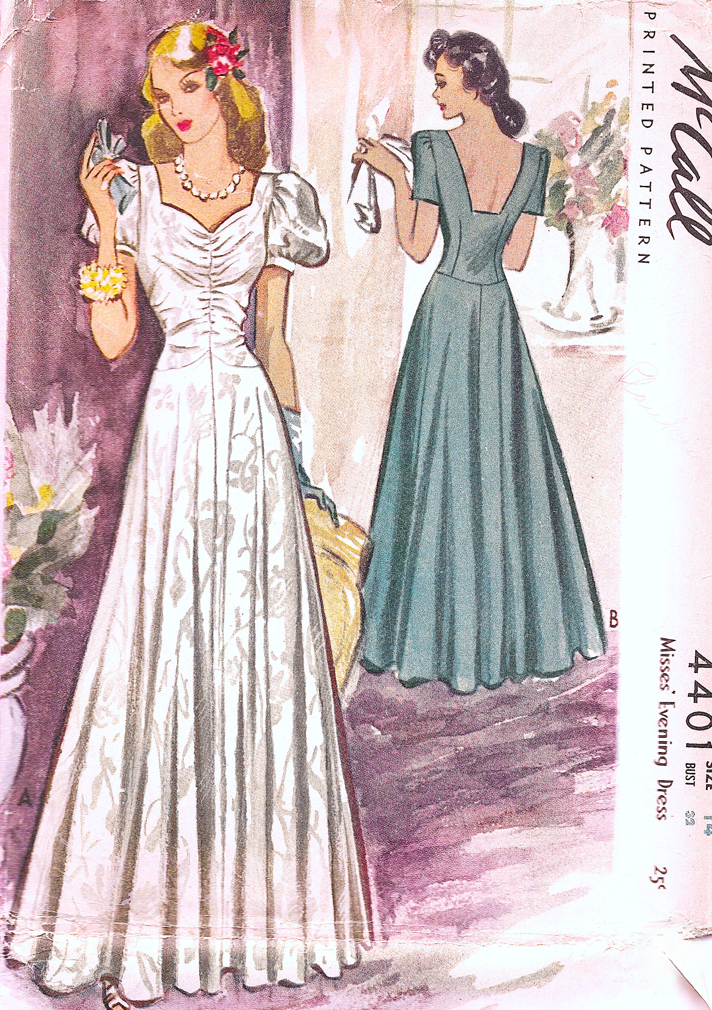 1940s BEAUTIFUL Evening Gown Party Dress Pattern McCall 4401 War Time WW II Floor Length Gown Sweetheart Neckline Flattering Style Bust 32 Vintage Sewing Pattern
