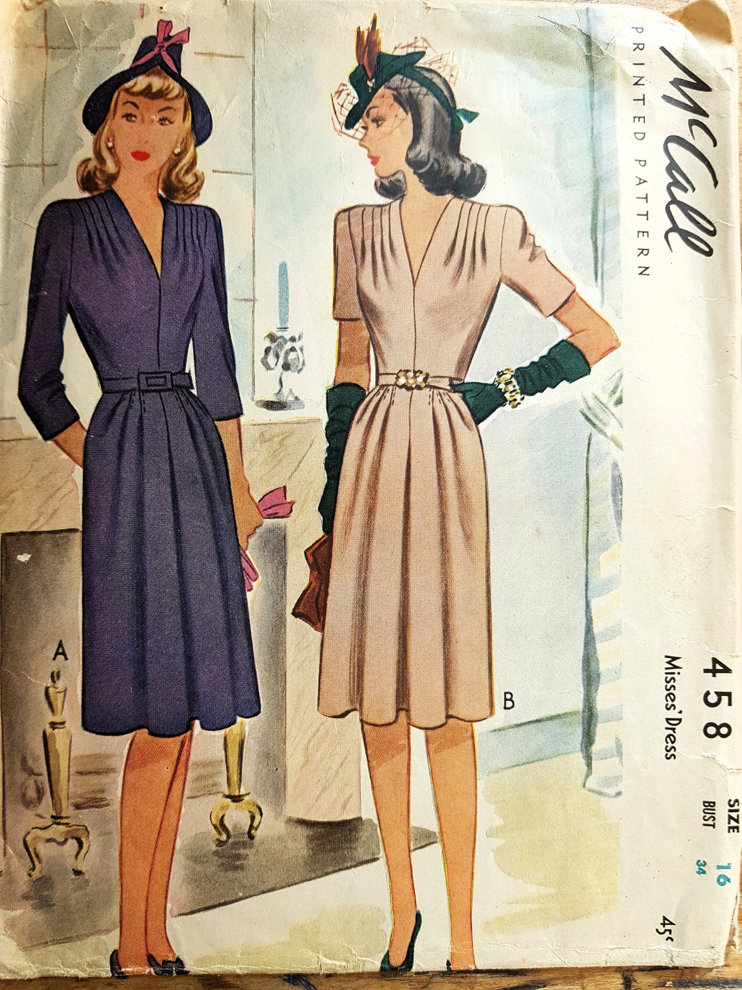 1940s BEAUTIFUL Day or After 5 Dress Pattern McCALL 458 Draped Shoulders Figure Flattering Pleated Front Skirt Bust 34 Vintage Sewing Pattern