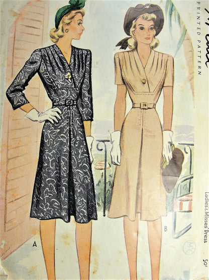 1940s BEAUTIFUL Dress Pattern McCALL 4605 Flattering Draped Bodice WW II Era War Time Dress Bust 34 Vintage Sewing Pattern