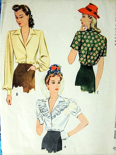 1940s STYLISH Blouse Pattern McCALL 4766 Three Pretty Style Versions Bust 34 Vintage Sewing Pattern