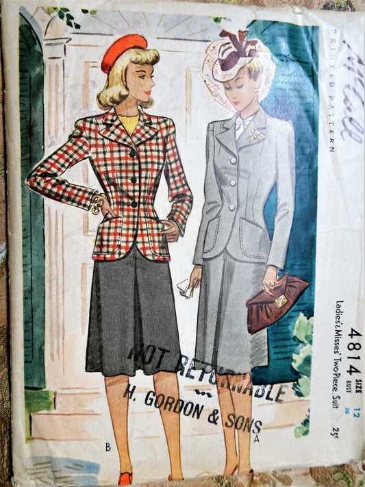 1940s STYLISH Tailored Suit Pattern McCALL 4814 Beautiful Jacket Details, Front Pleat Skirt Bust 30 Vintage Sewing Pattern