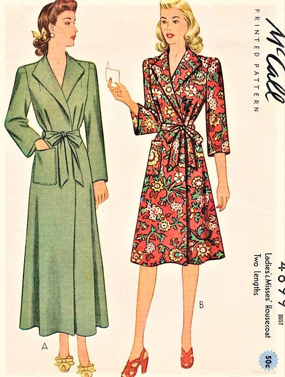 1940s CLASSIC WW II Era Side Wrap Housecoat Robe Brunch Coat McCALL 4899 Lovely Wide Lapels,Easy To Make Bust 30 Vintage Sewing Pattern