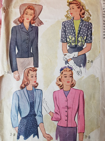 1940s FABULOUS Jacket and Bolero Pattern McCALL 5199 Four Beautiful Style Versions Bust 32 Vintage Sewing Pattern