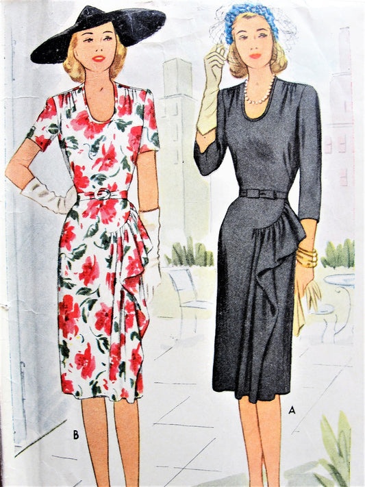 1940s BEAUTIFUL Party Dress Pattern McCALL 5566 U Shape Neckline, Figure Flattering Side Cascade Drapery Bust 30 Vintage Sewing Pattern