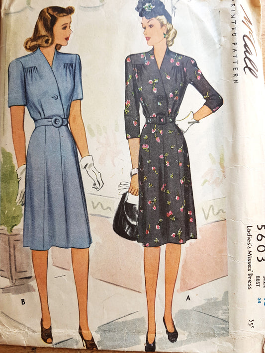 1940s STYLISH Dress Pattern McCALL 5603 Flattering Surplice Bodice Day or After 5, Bust 34 Vintage Sewing Pattern