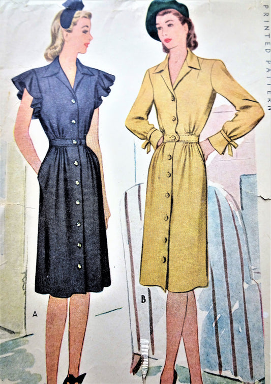 1940s FAB WW II Dress Pattern McCALL 5841 Front Button Classy Dress, 2 Versions, Bust 32 Vintage Sewing Pattern