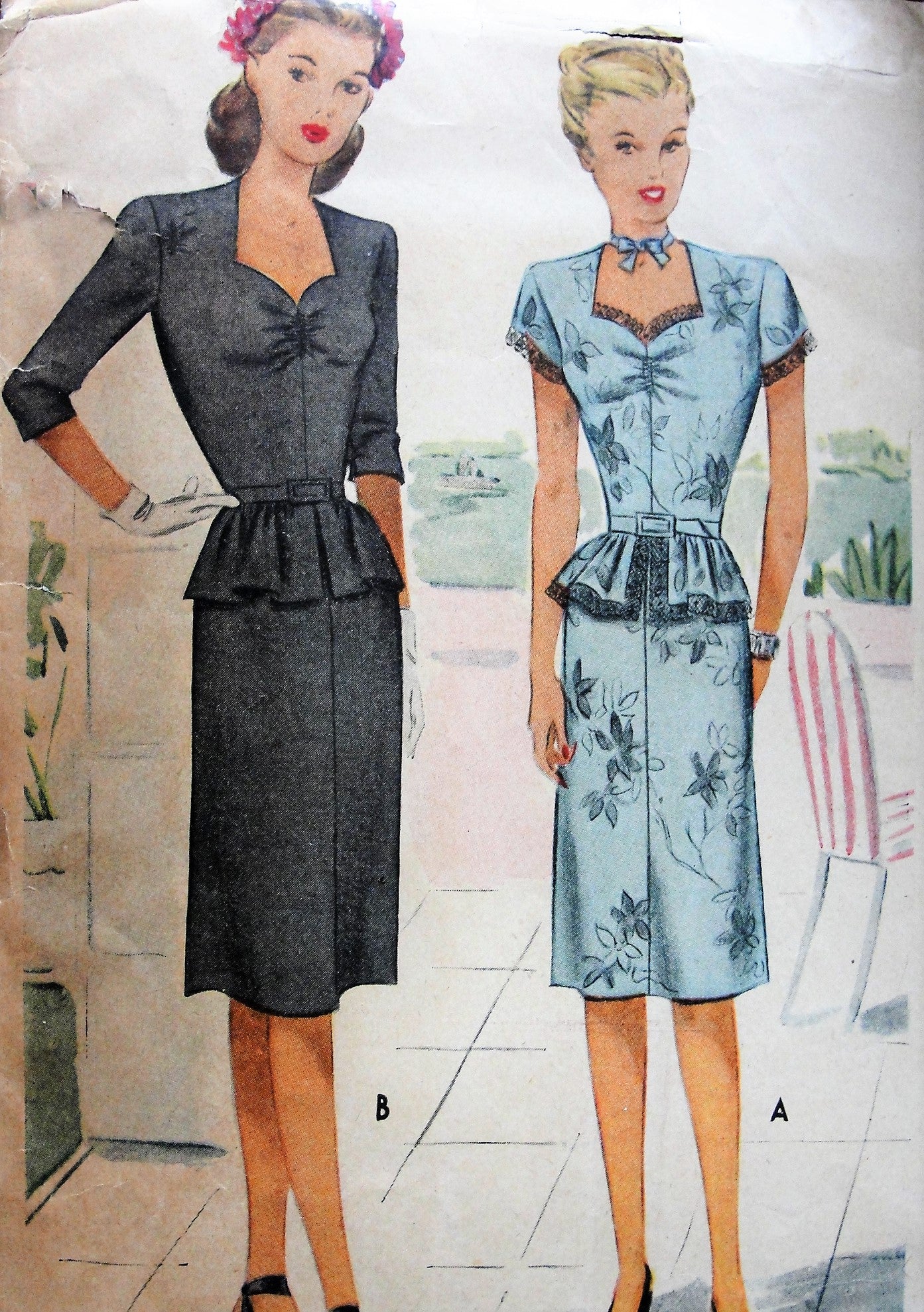 1940s FLIRTY Cocktail Party Dress Pattern McCALL 6057 Sweetheart Neckline Peplum Evening Dress Bust 32 Vintage Sewing Pattern