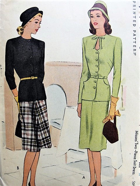 1940s FILM NOIR 2 Pc Suit Dress Pattern McCALL 6215 KEYHOLE Neckline Day or Cocktail Dinner Dress Bust 30 Vintage Sewing Pattern FACTORY FOLDED