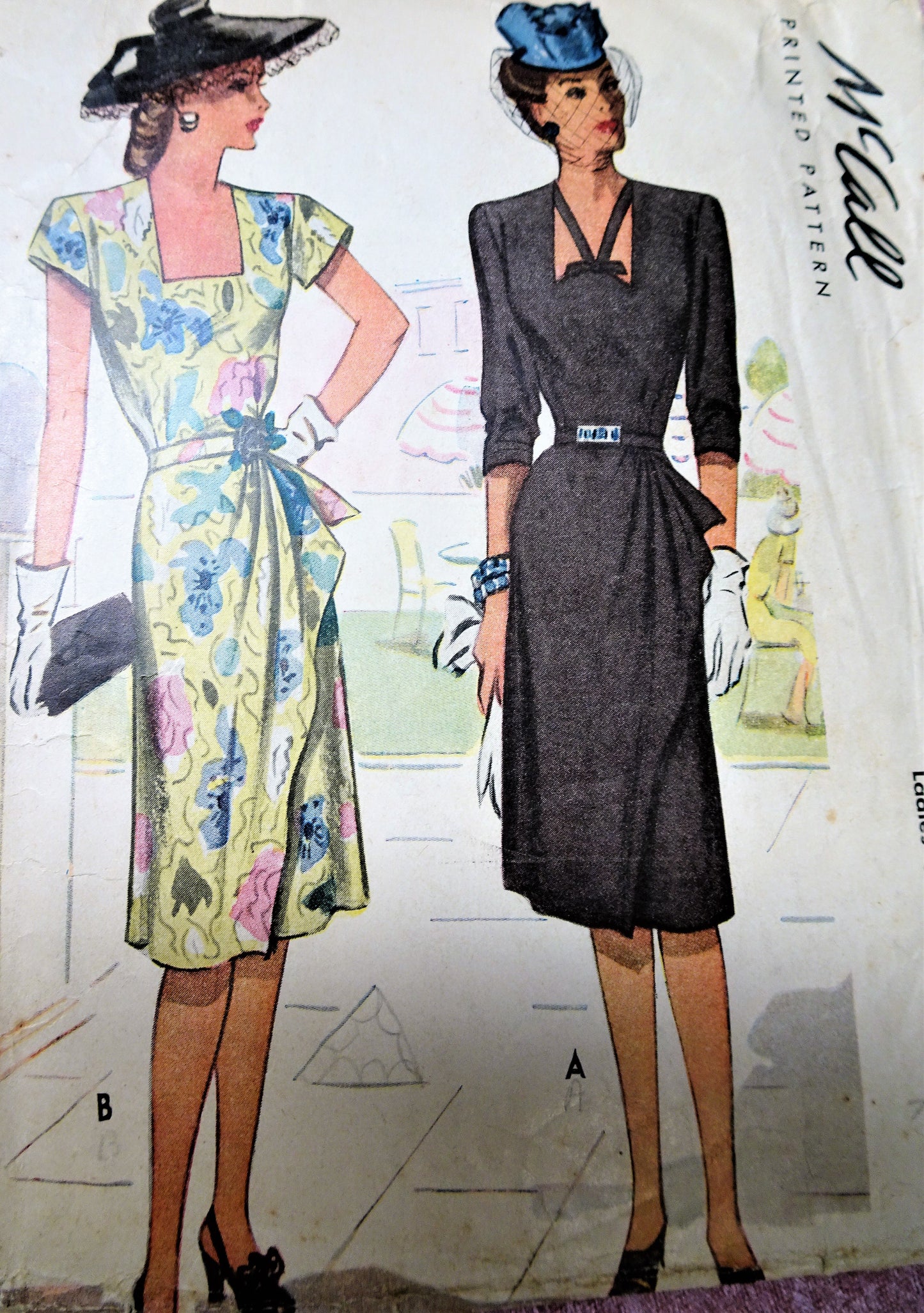 1940s DRAMATIC Dress Pattern McCALL 6446 Lovely Side Drape, 2 Neckline Styles Evening Party Dress Bust 38 Vintage Sewing Pattern