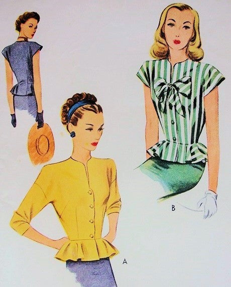 1940s FLIRTY PEPLUM Blouse Pattern McCall 6519 Swing Era Day or Evening Style Slit Neck  Bust 34 Vintage Sewing Pattern