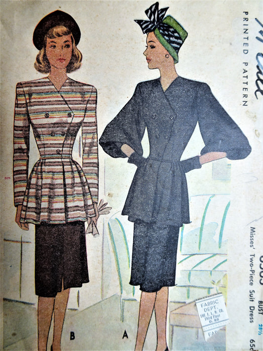 1940s MCCALLS 6563 Suit Dress Pattern Bust 28.5 Vintage Sewing Pattern