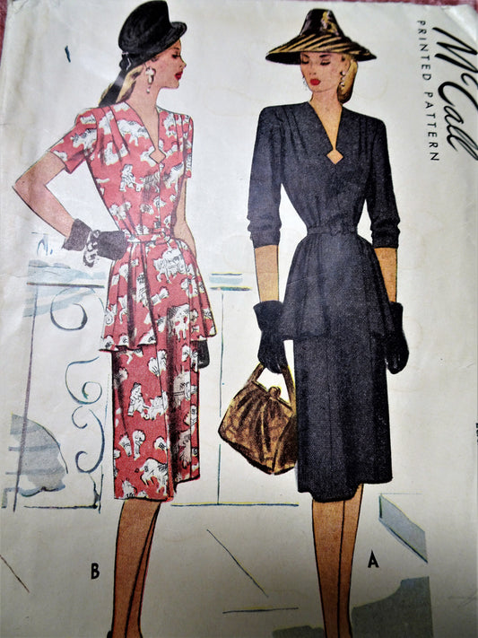 1940s FILM NOIR Style Dress Pattern McCALL 6736 Eye Catching Key Hole Neckline, Front Flounce Day or Dinner Dress Bust 34 Vintage Sewing Pattern