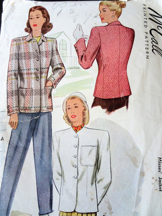 1940s Jacket Pattern McCALL 6845 Two Smart Styles Bust 34 Vintage Sewing Pattern