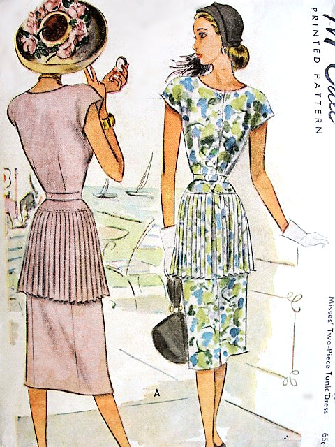 1940s BEAUTIFUL Two Pc Tunic Dress Pattern McCALL 6885 Eye Catching Pleated Skirt Tunic and Slim Skirt, Unique Day or Party Dress Bust 32 Vintage Sewing Pattern