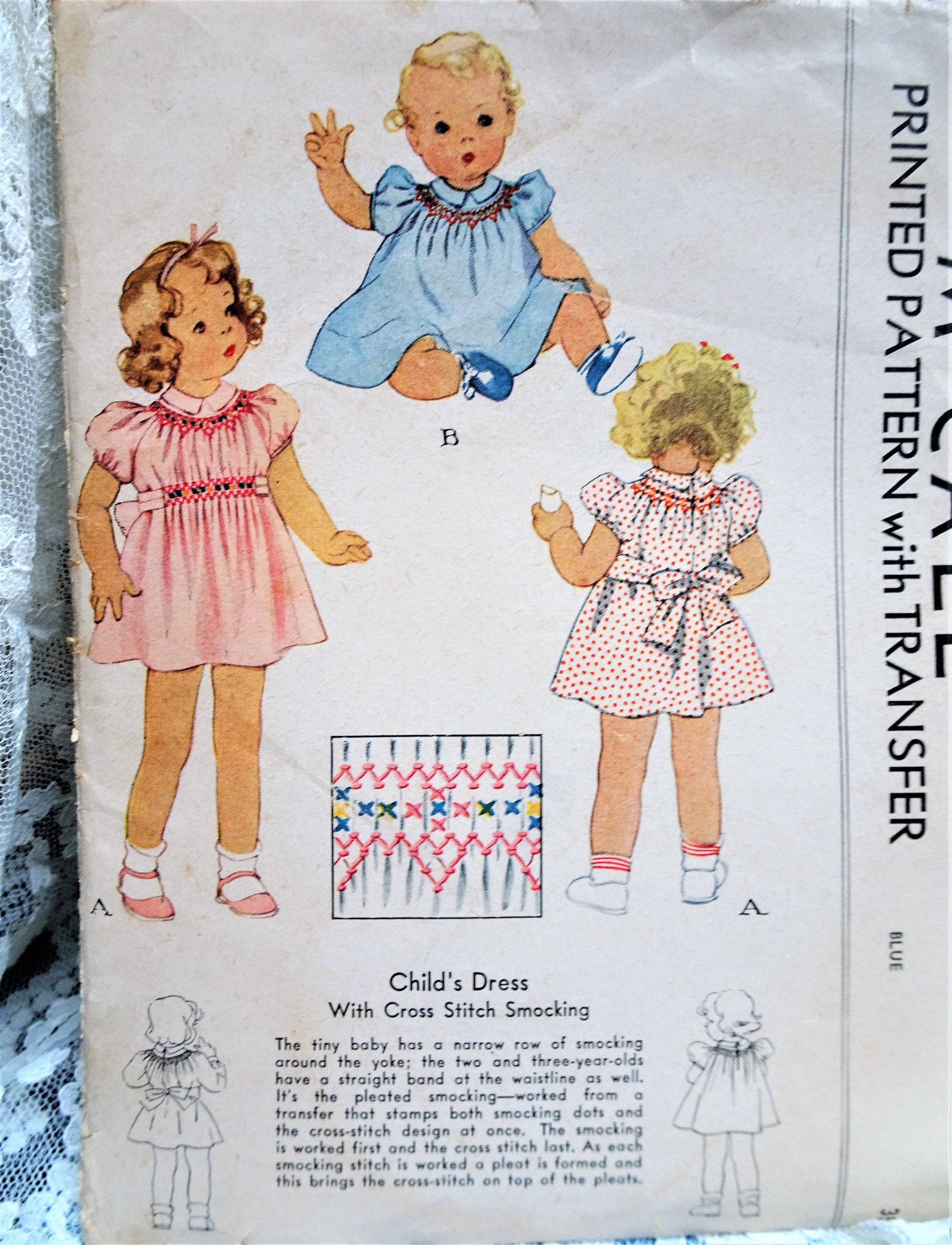 1930s ADORABLE Little Girls Dress Pattern McCALL 692 Sweet Shirley Temple Style Girls dress with Cross Stitch Smocking Toddler Size 1 Vintage 
