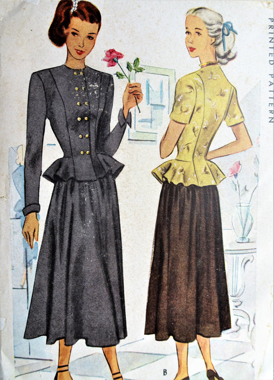 1940s BEAUTIFUL Peplum Suit Dress Pattern McCALL 7060  Fitted Ruffled Peplum Jacket and Full Skirt Day or Evening Bust 31 Vintage Sewing Pattern