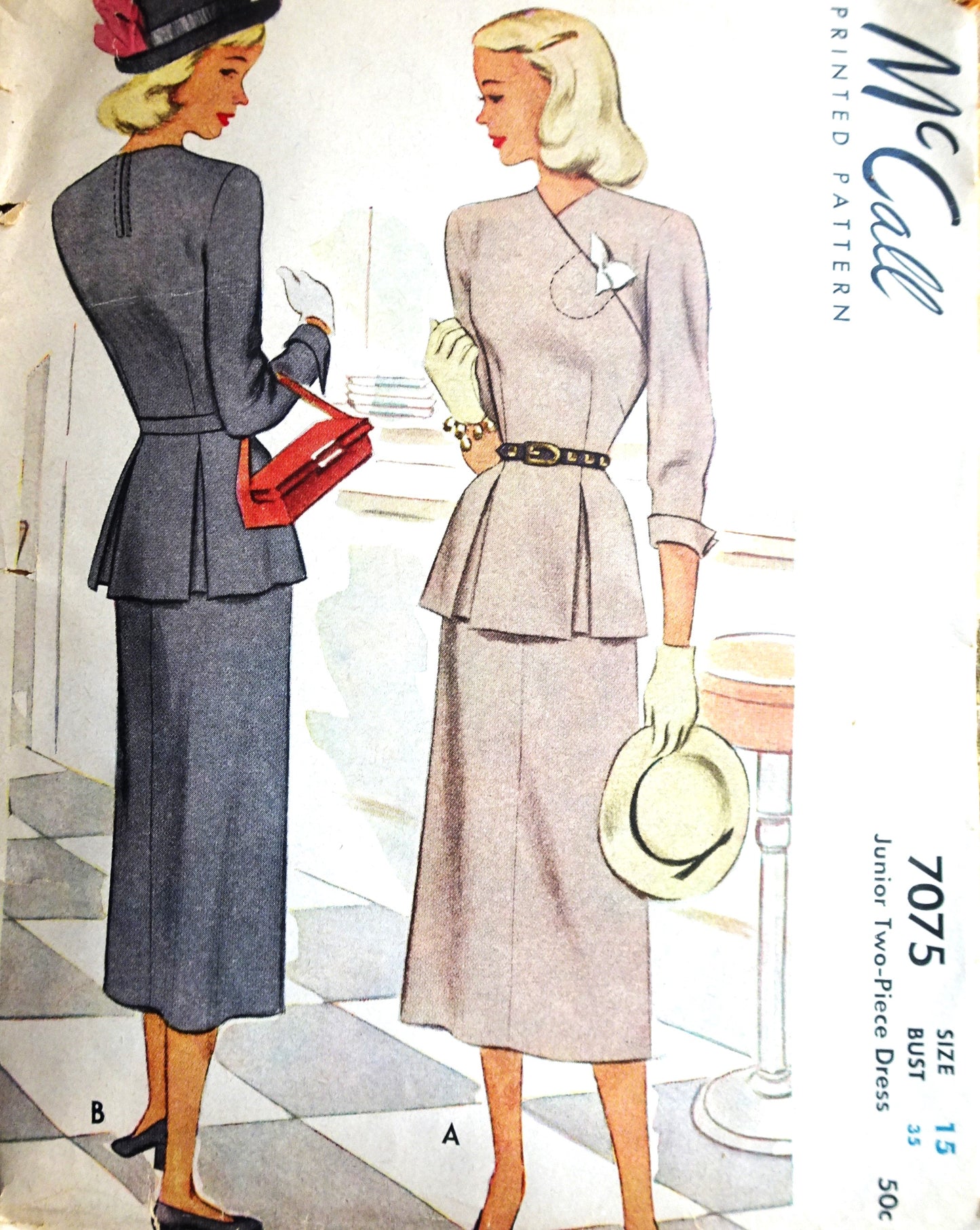 1940s ELEGANT 2 Pc Dress Pattern McCALL 7075 Beautiful Design Details Bust 35 Vintage Sewing Pattern