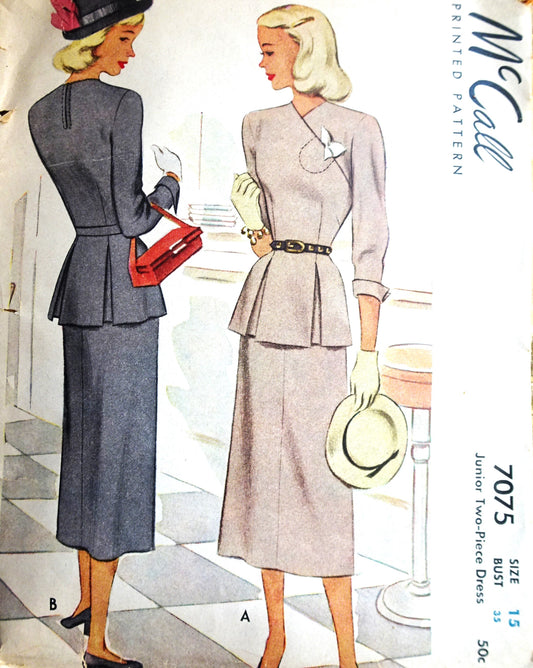 1940s ELEGANT 2 Pc Dress Pattern McCALL 7075 Beautiful Design Details Bust 35 Vintage Sewing Pattern